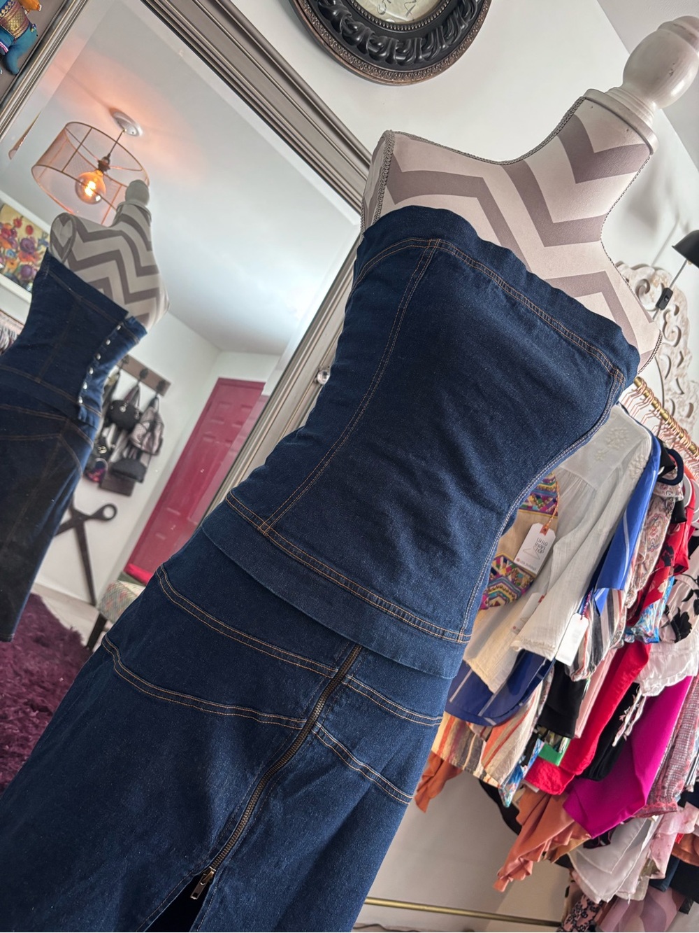 bebe Dark Blue Denim Strapless Top & Skirt 😎🥰